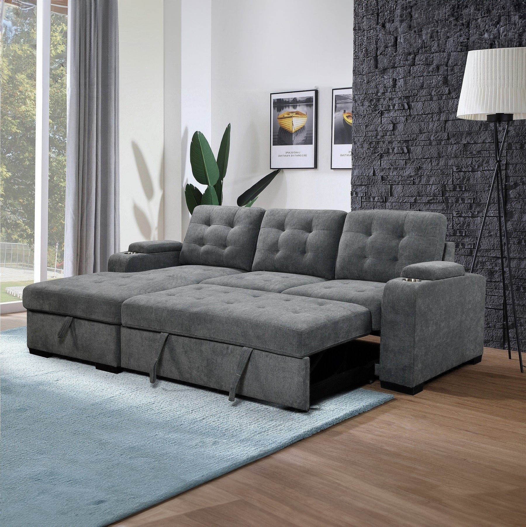 Ava - L-Shaped Sectional Sofa Bed - Grey Fabric