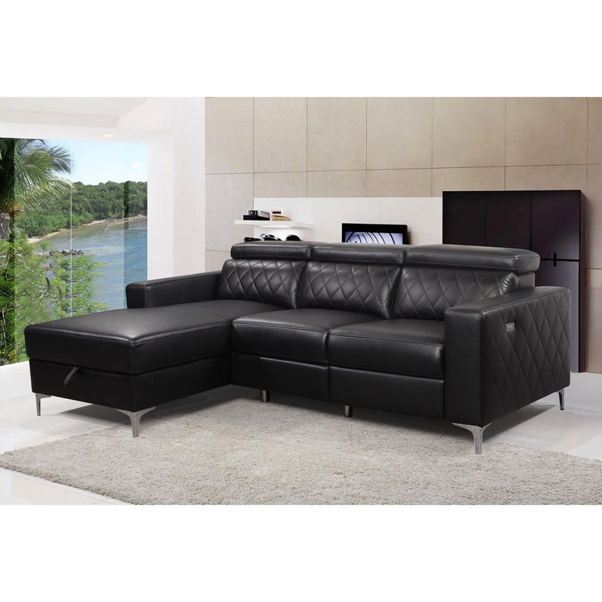 Diego - L-Shaped Sectional Sofa - Black Leather