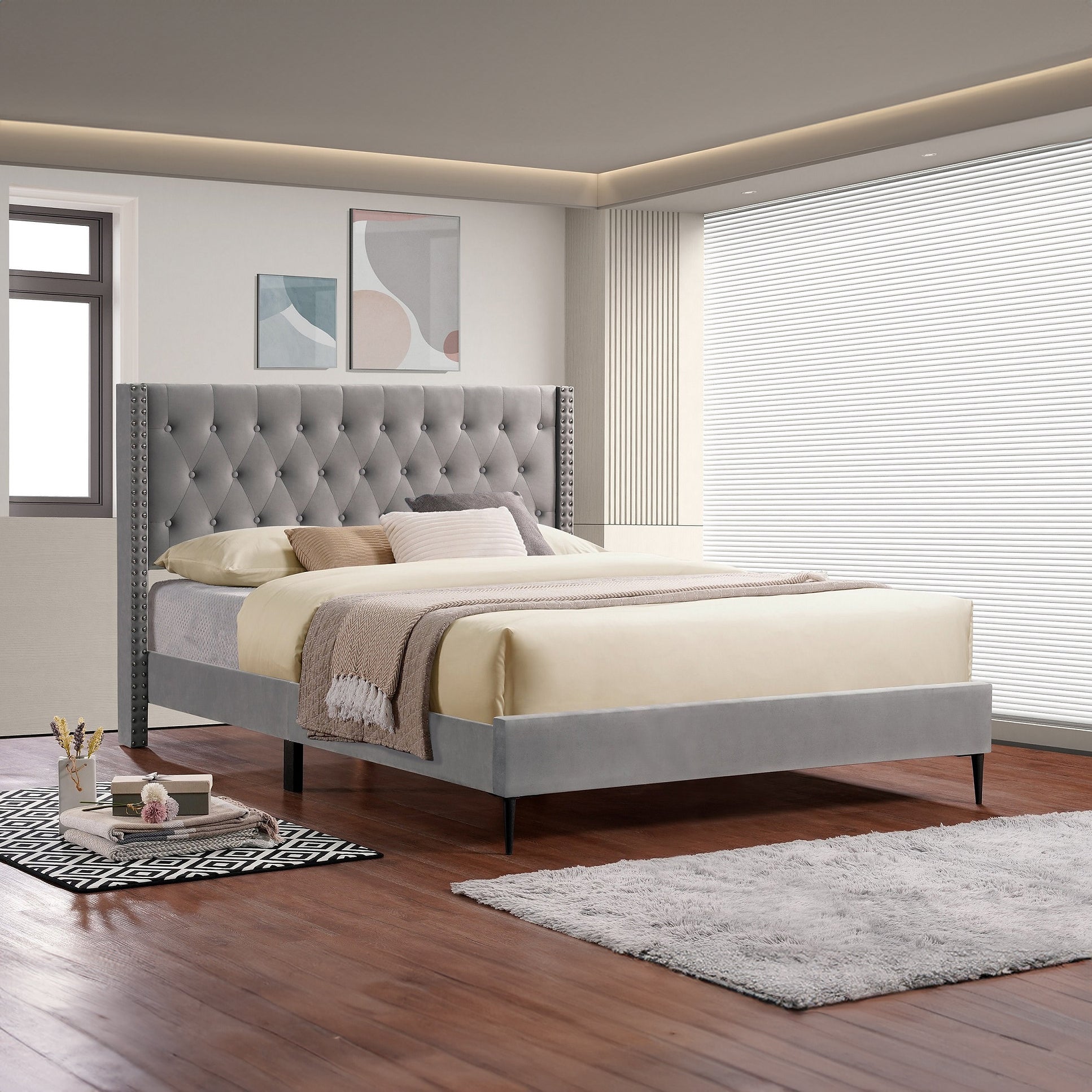 Roxane - King Bed - Gray Velvet