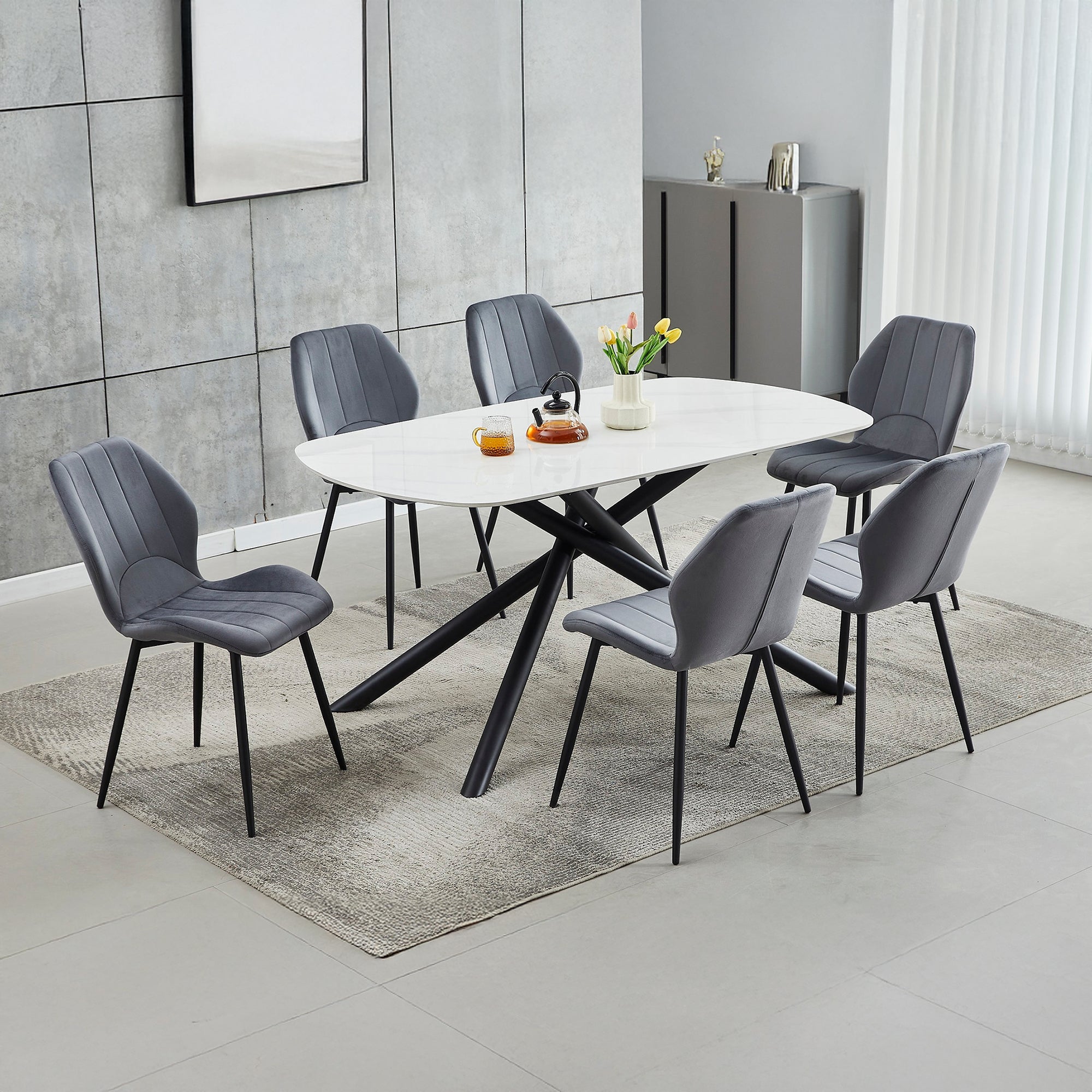 Lucille/Mira - Dining Room Set - White Marble / Dark Grey Velvet