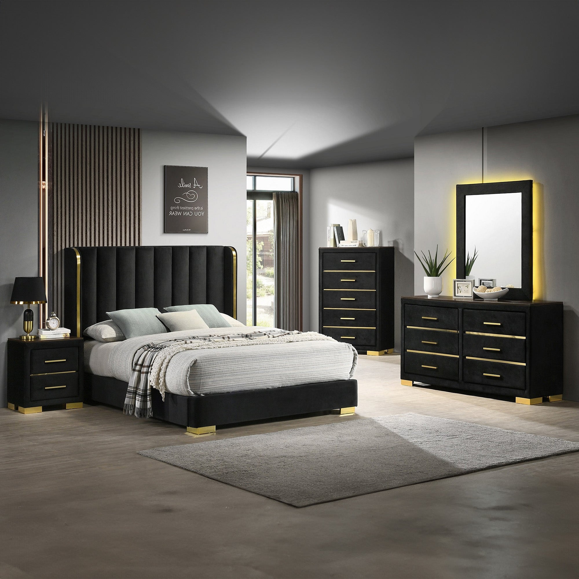 Madison - Bedroom Set - Black and Gold Velvet