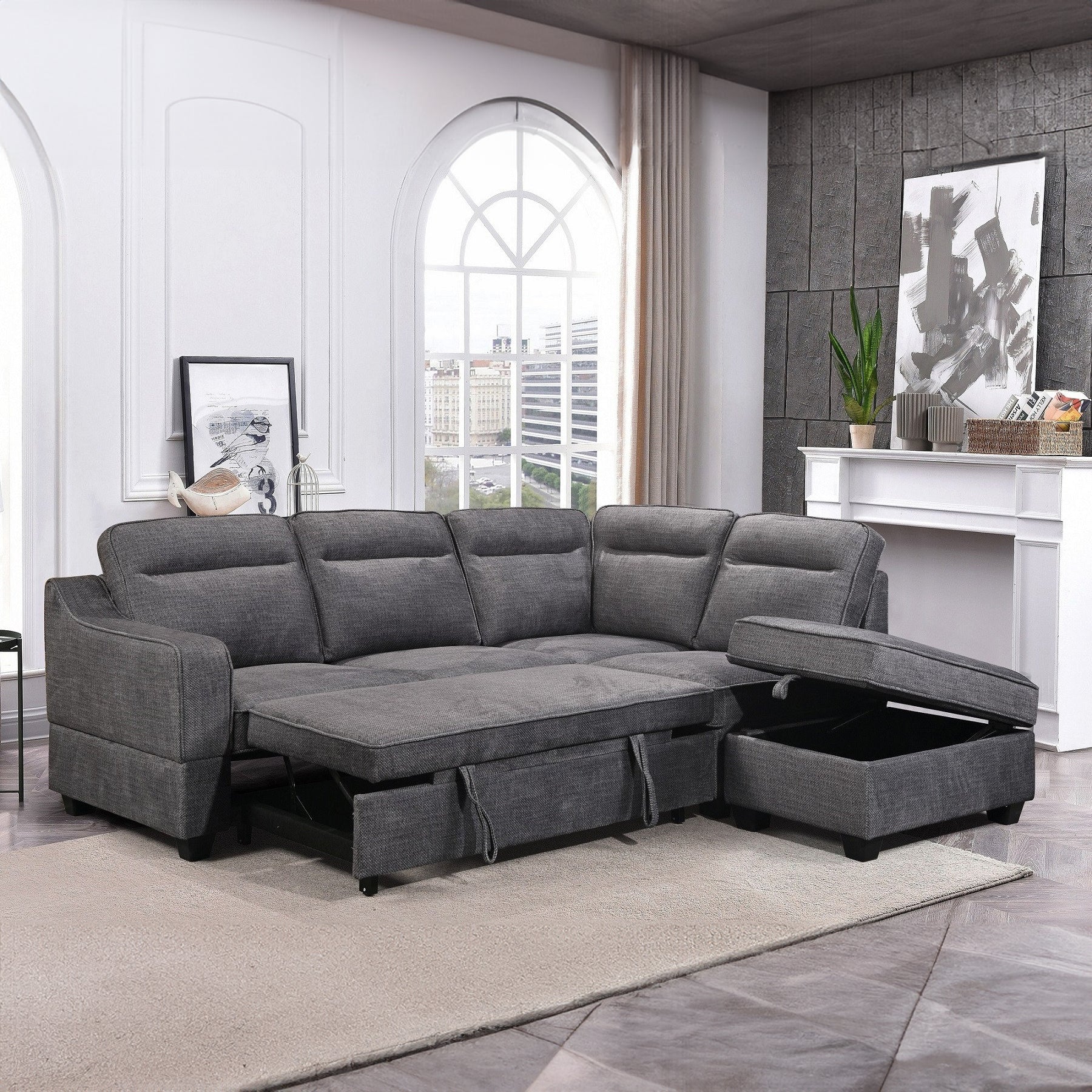 Gabriella - L-Shaped Sectional Sofa Bed - Grey Fabric