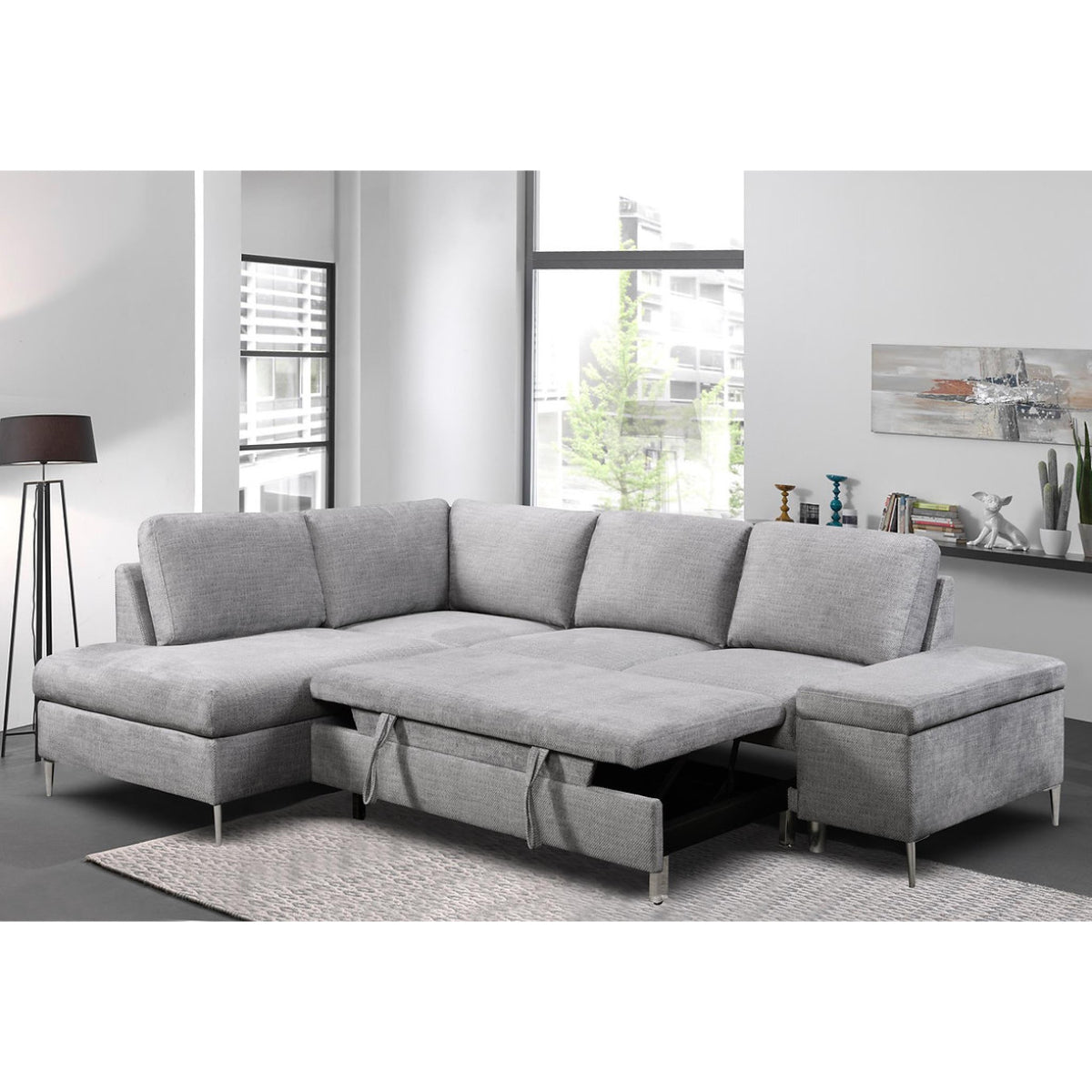 Matteo - L-Shaped Sectional Sofa Bed - Grey Fabric