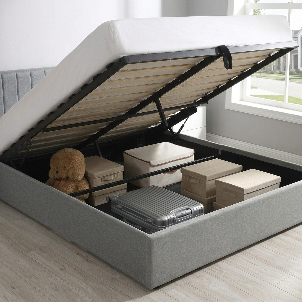 Norah - Lit Queen avec rangement - Tissu Gris