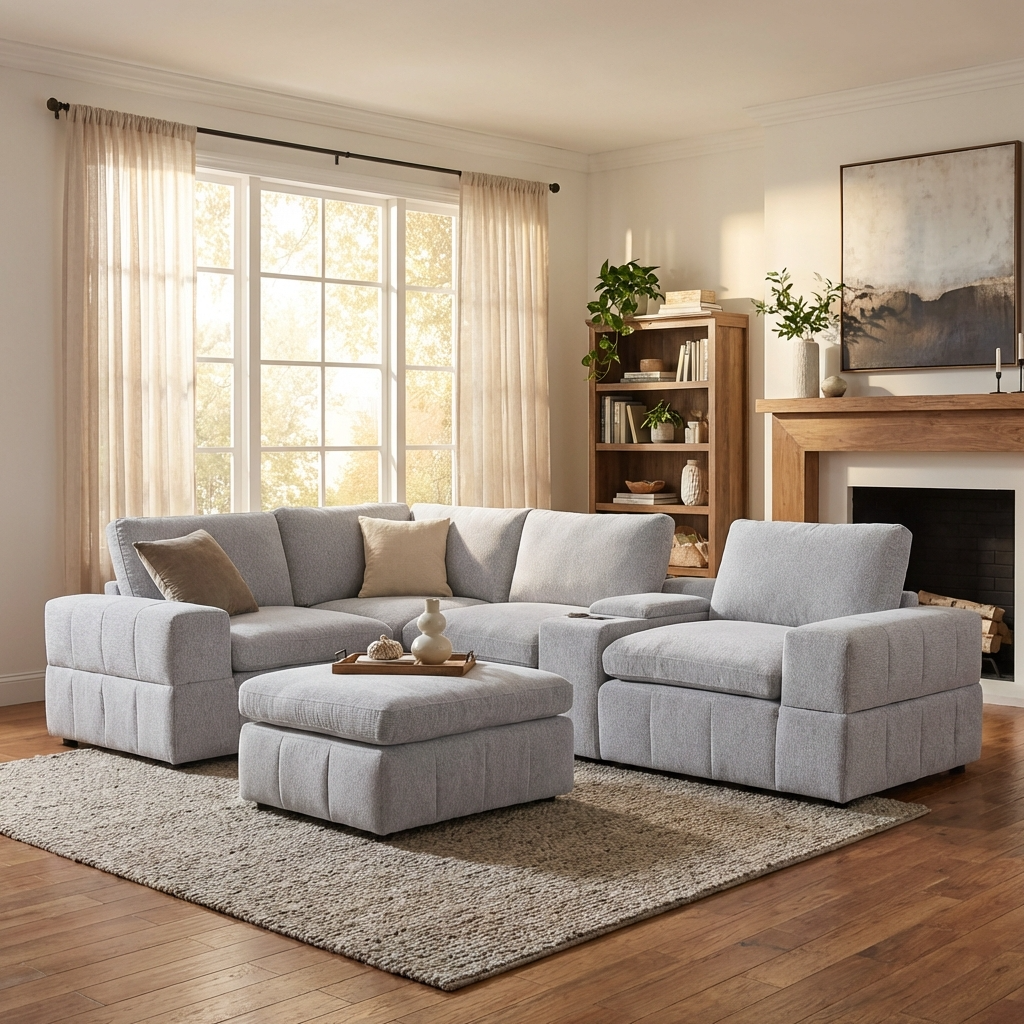 Amaro - Sofa Sectionnel Modulaire avec ottoman et console - Gris Pâle