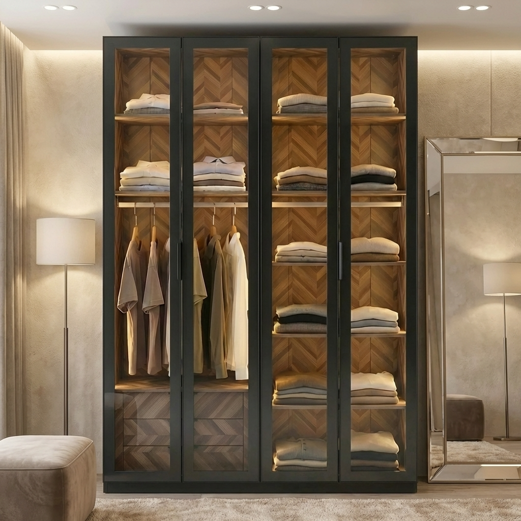 Alvero - Wardrobe - 4 Doors and 3 Drawers - Black and Wood