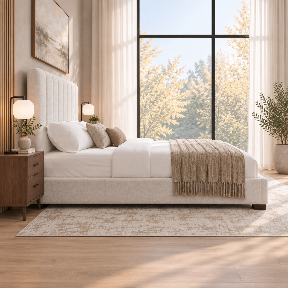 Evano - Queen Bed - Beige Fabric