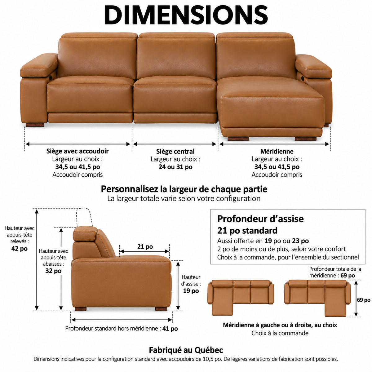 Levanto - Sectionnel inclinable motorisée - Cuir Véritable Cognac