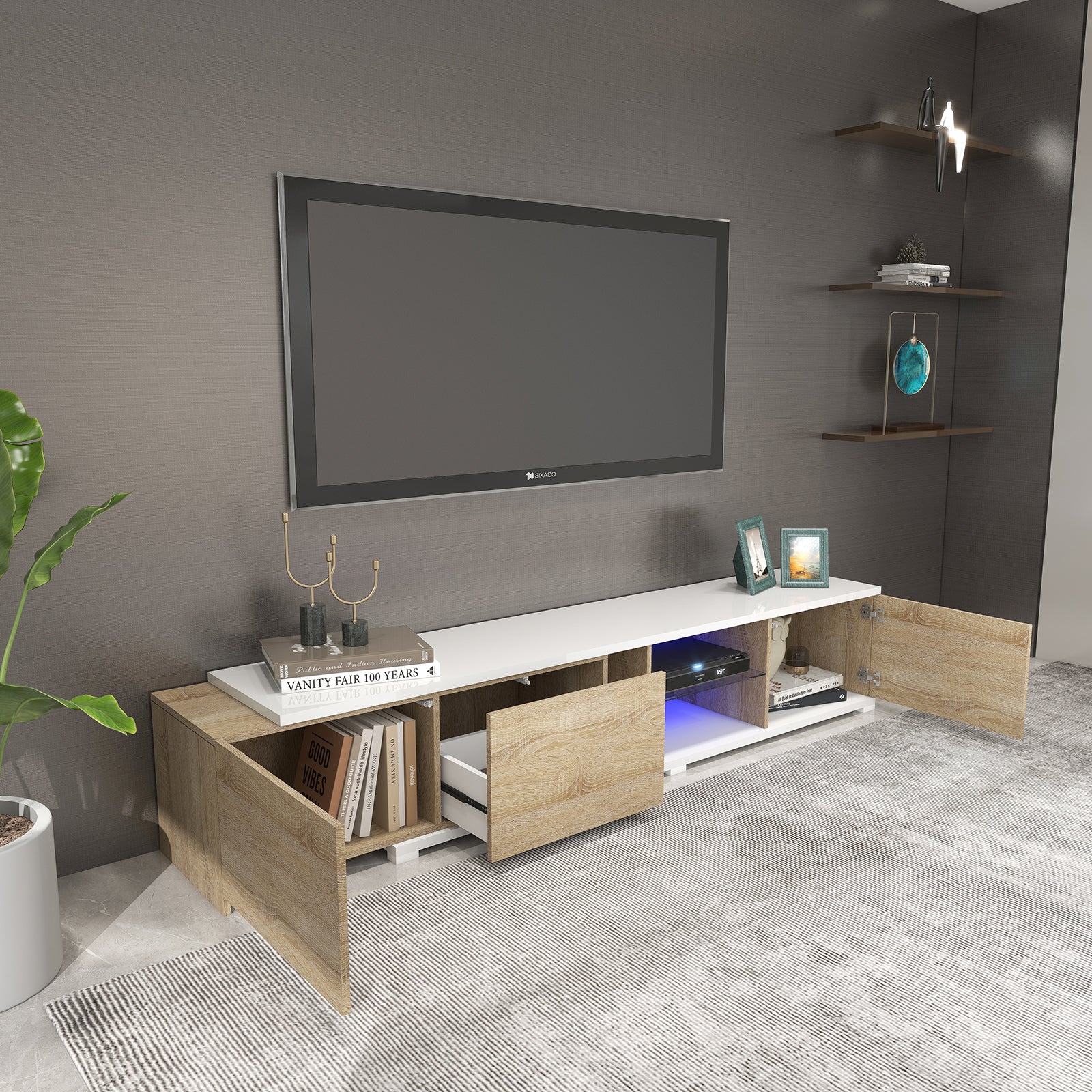 Alexandra - LED TV Stand - Entertainment Unit - Natural Wood and White - 87 in - 115 in