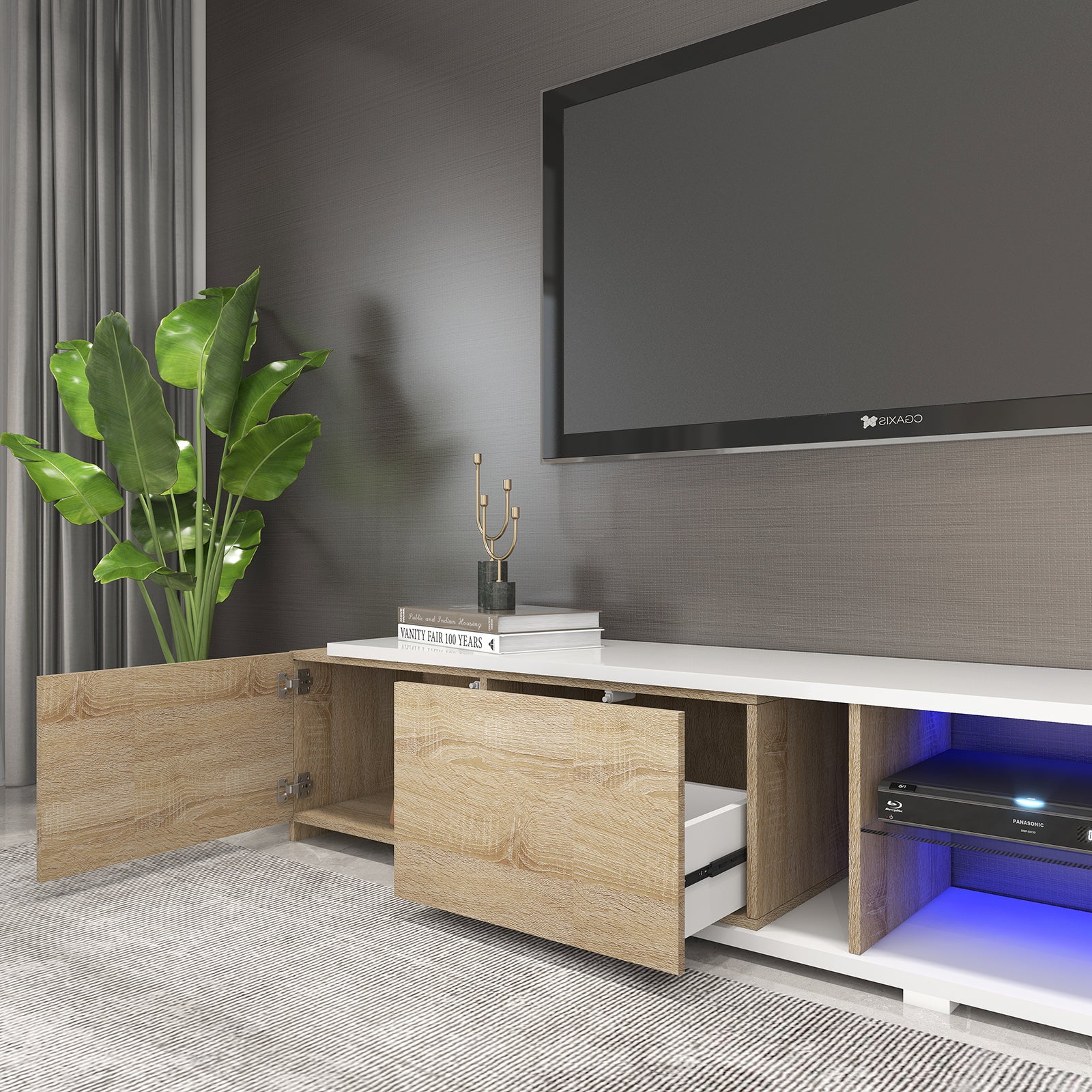 Alexandra - LED TV Stand - Entertainment Unit - Natural Wood and White - 87 in - 115 in