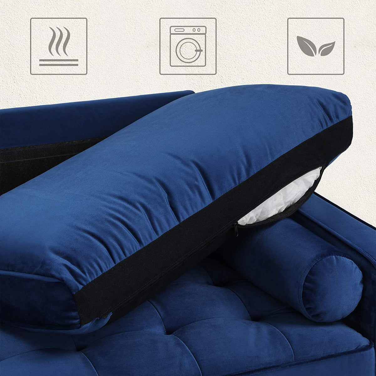 Sofa - 70 po - Surface en tissu Velour - Pieds en bois - Bleu Marin