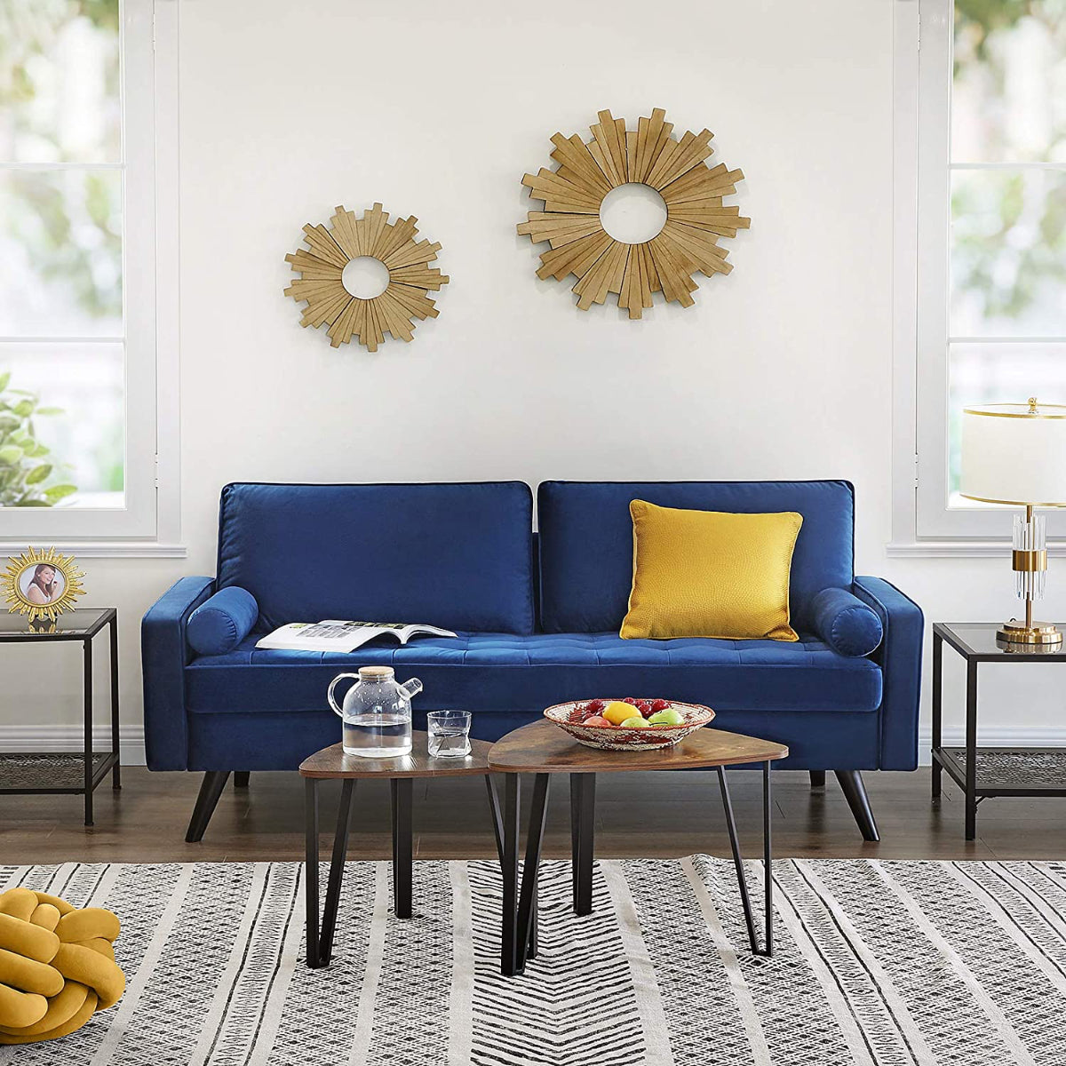 Sofa - 70 po - Surface en tissu Velour - Pieds en bois - Bleu Marin