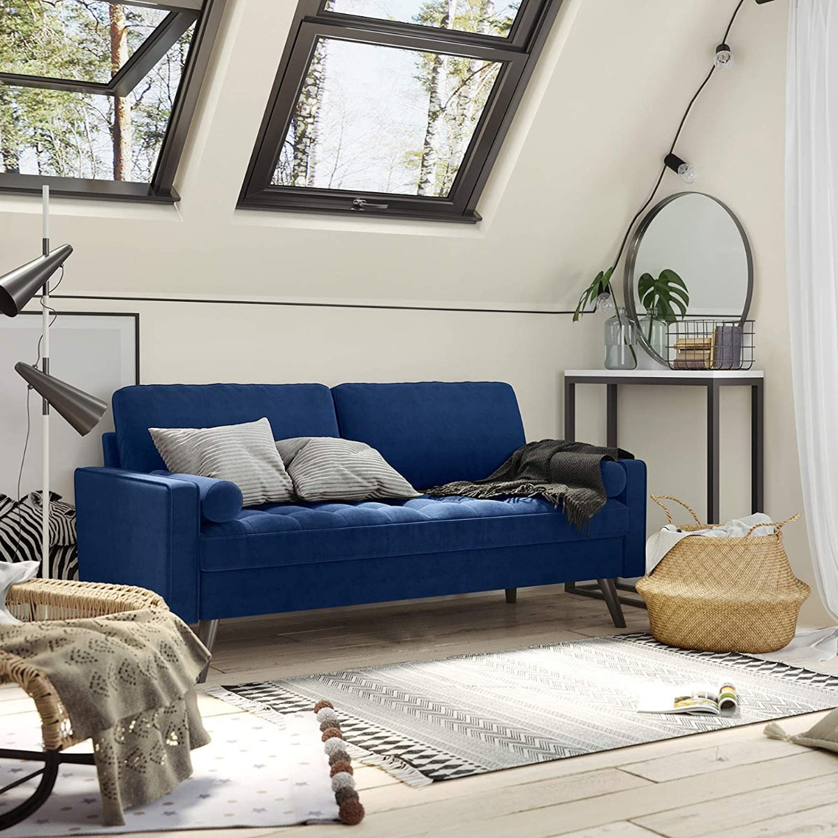 Sofa - 70 po - Surface en tissu Velour - Pieds en bois - Bleu Marin