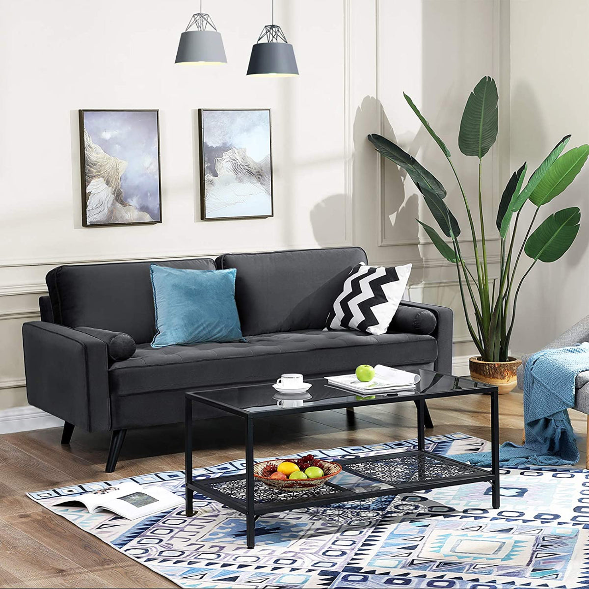 Sofa - 70 po - Surface en tissu Velour - Pieds en bois - GRIS