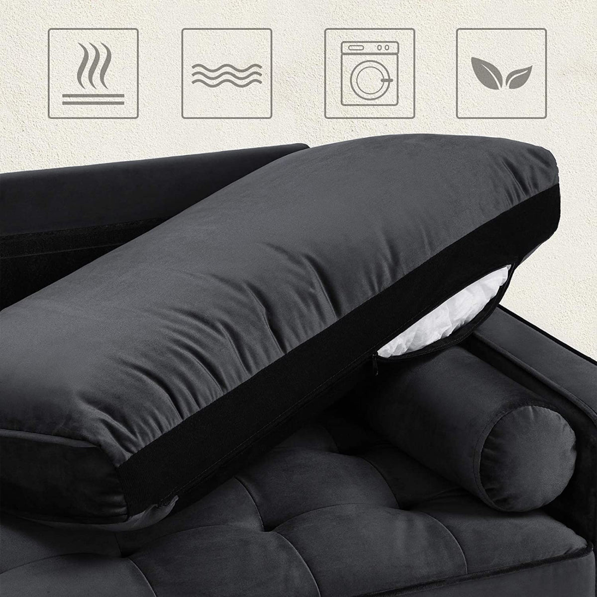 Sofa - 70 po - Surface en tissu Velour - Pieds en bois - GRIS