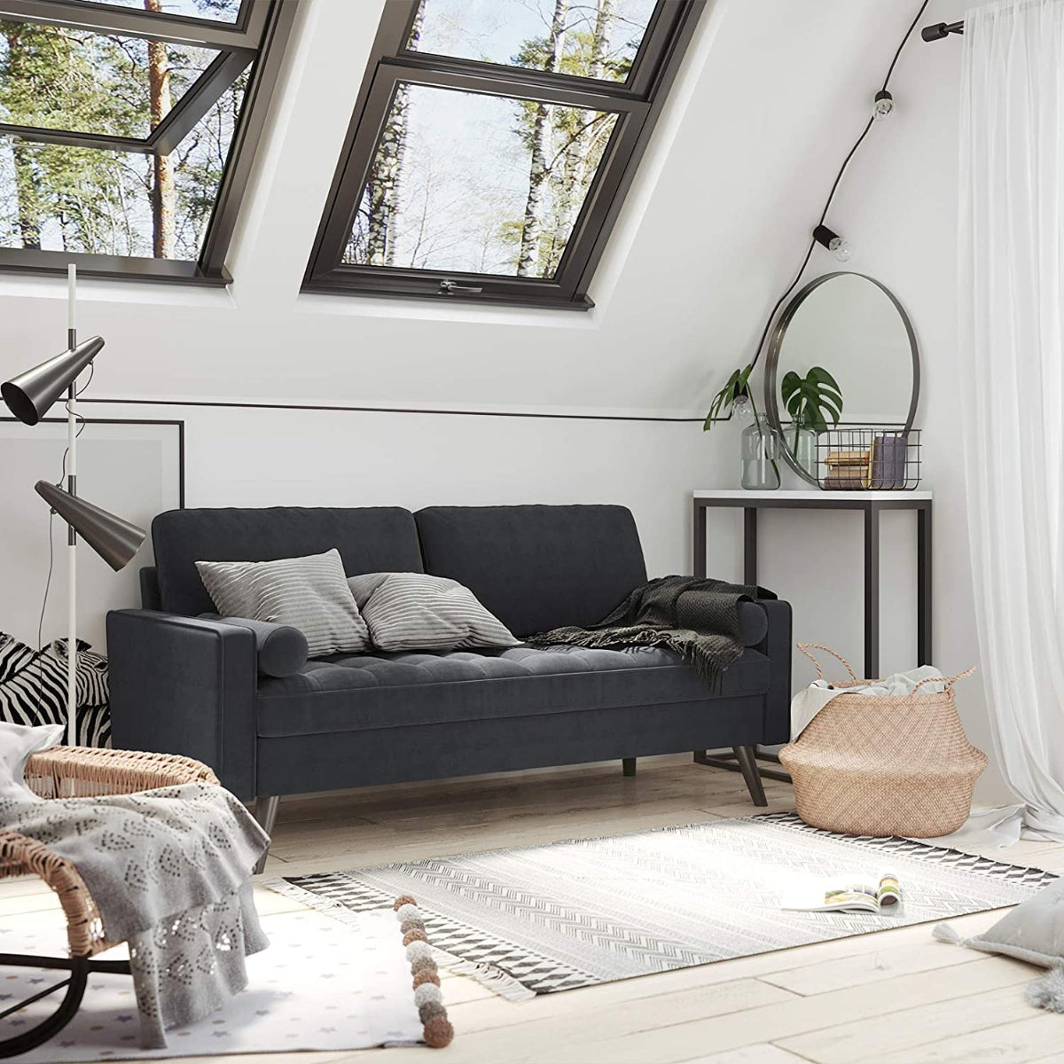 Sofa - 70 po - Surface en tissu Velour - Pieds en bois - GRIS