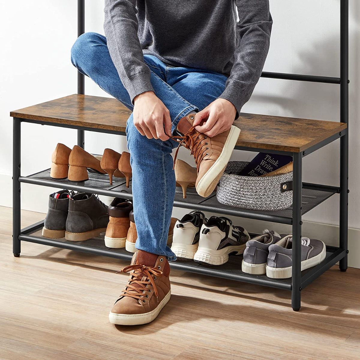 Danvik - Hallway Coat Rack with Shoe Bench - Rustic Brown