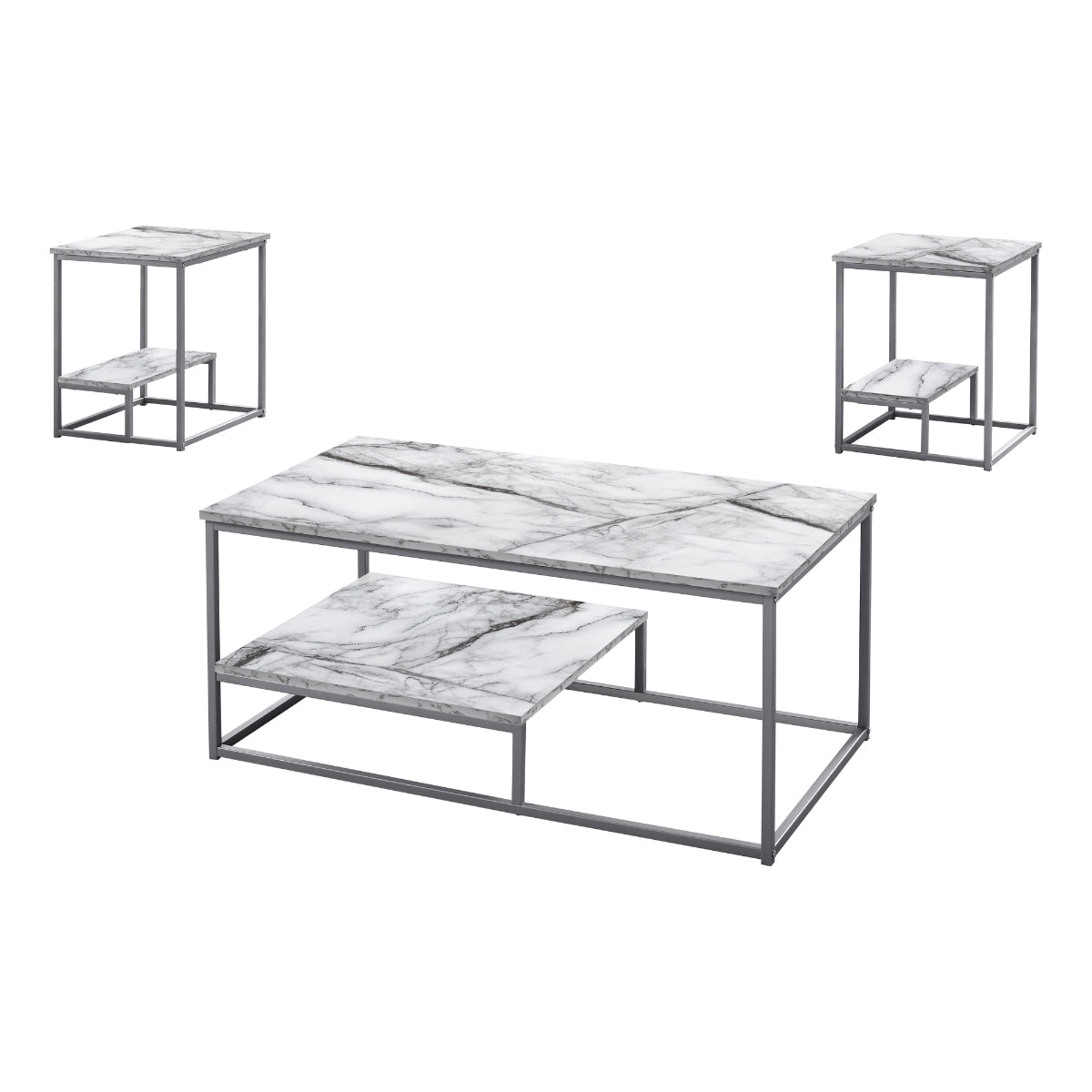 SET OF TABLES - 3PCS / WHITE MARBLE / SILVER METAL