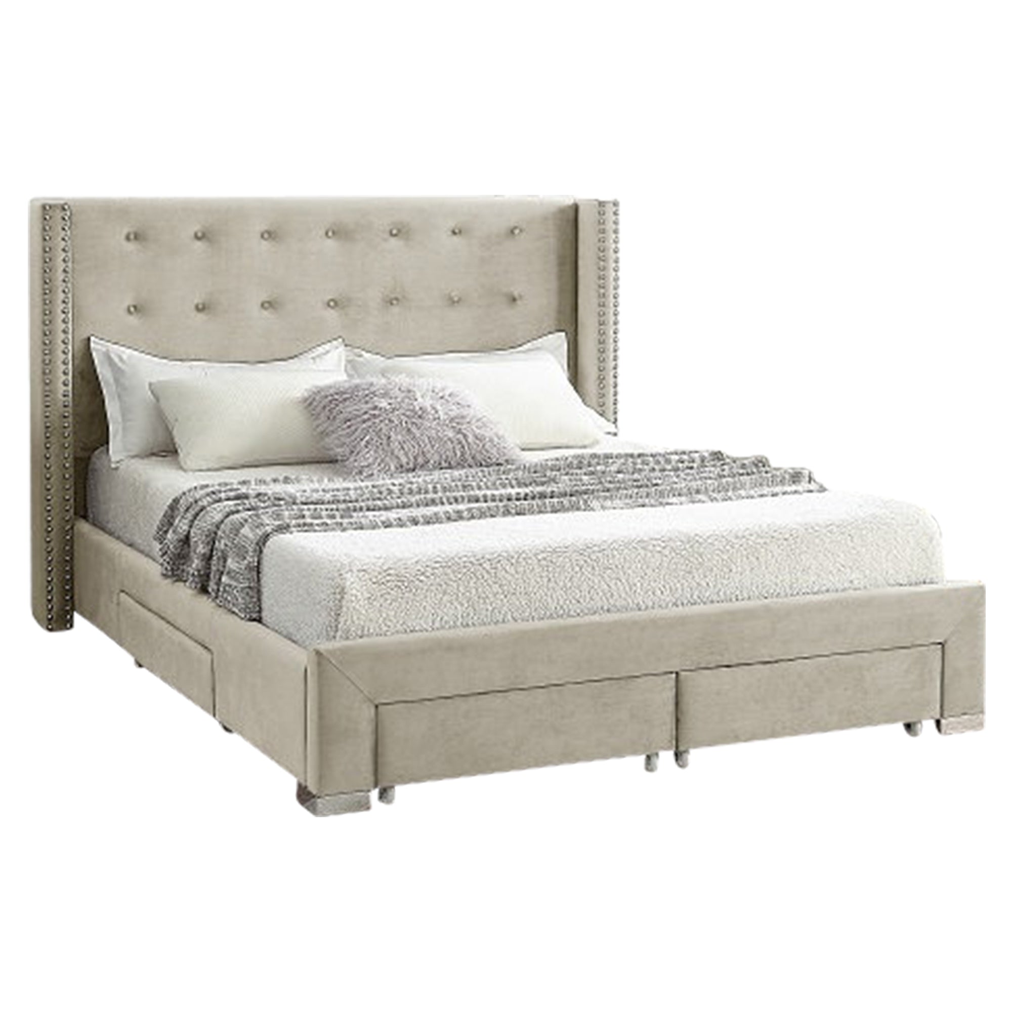 Lilia - Queen Bed - Cream Velour Tufted
