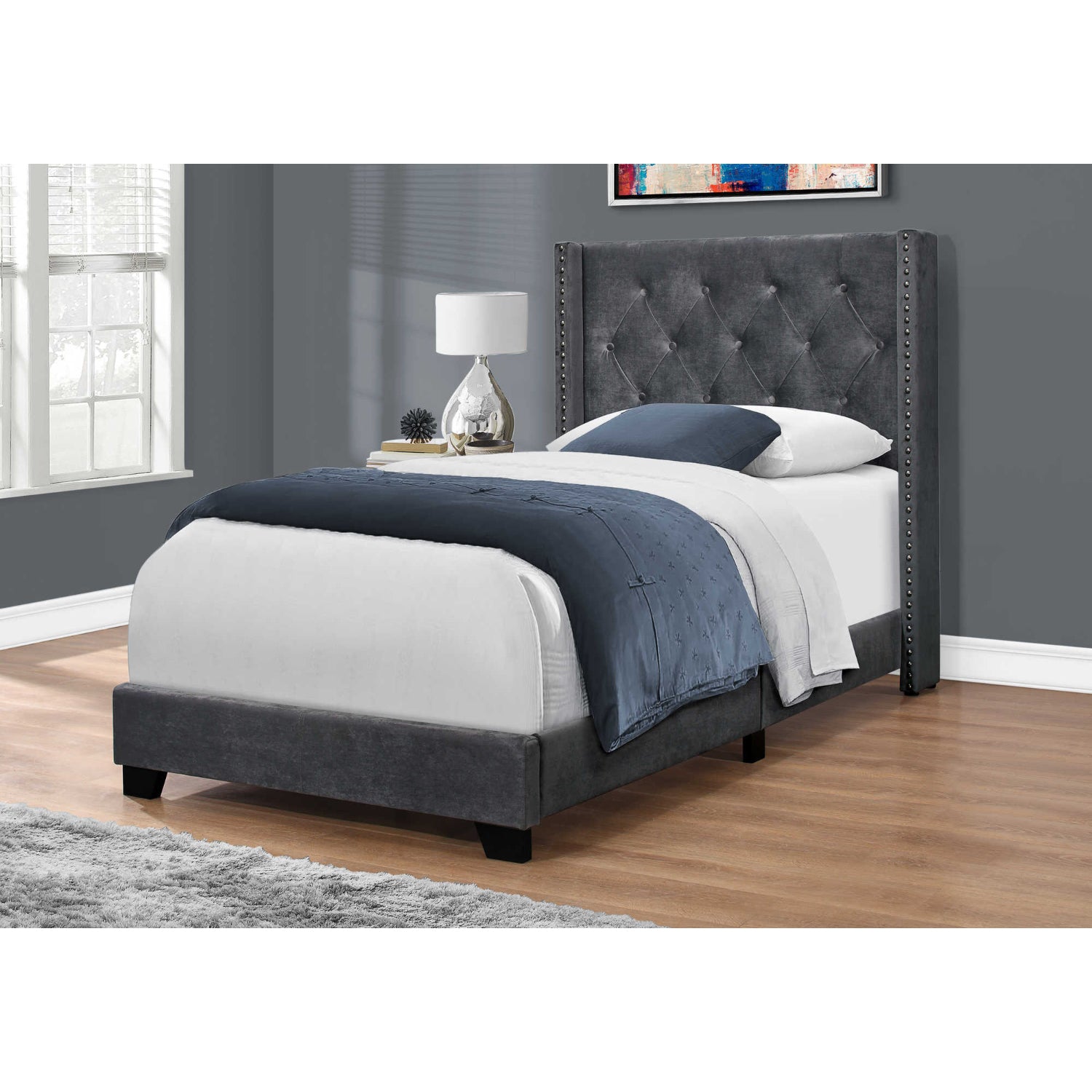 Elise - Twin Bed - Dark Grey Velvet