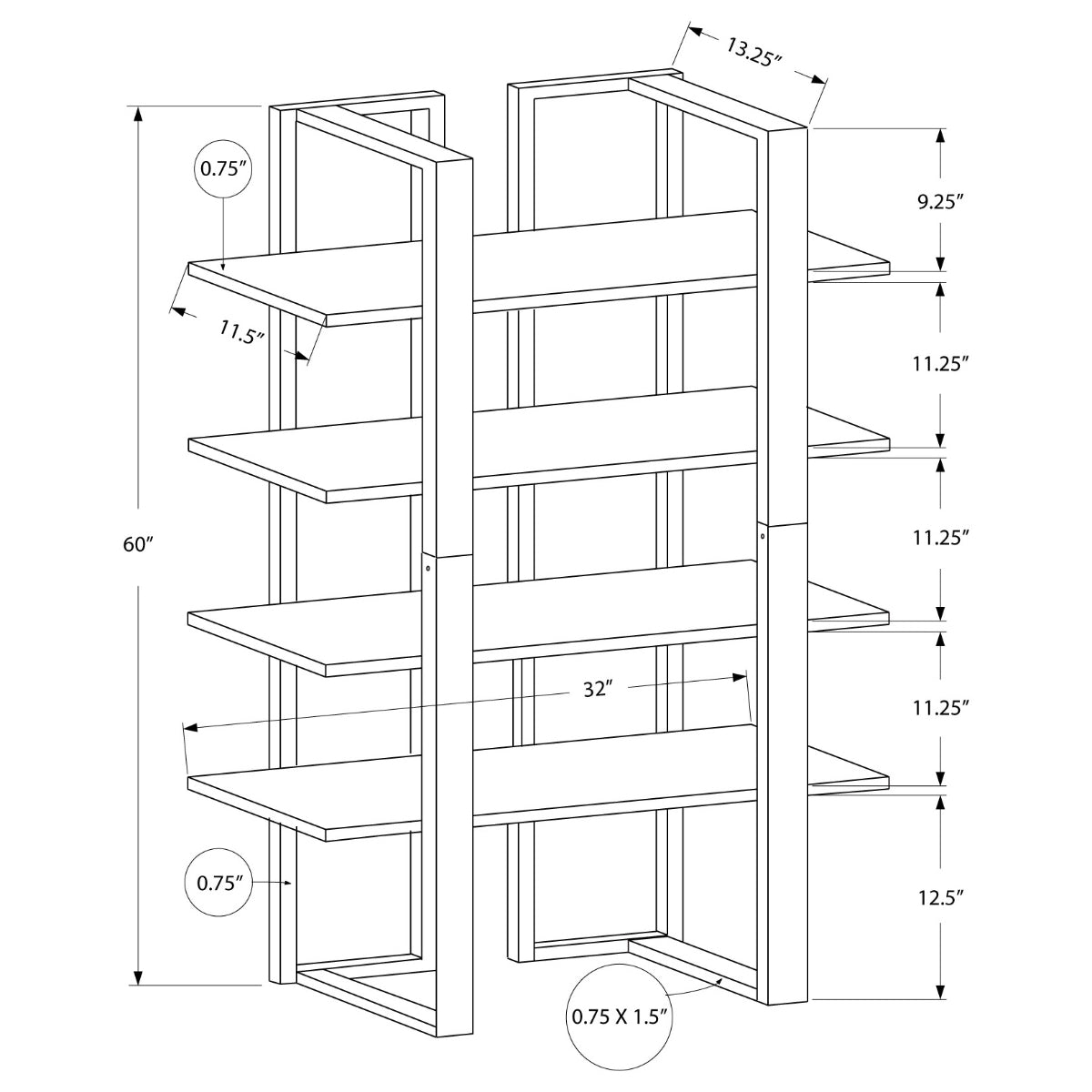 SHELF - 60"H / ESPRESSO / SILVER METAL