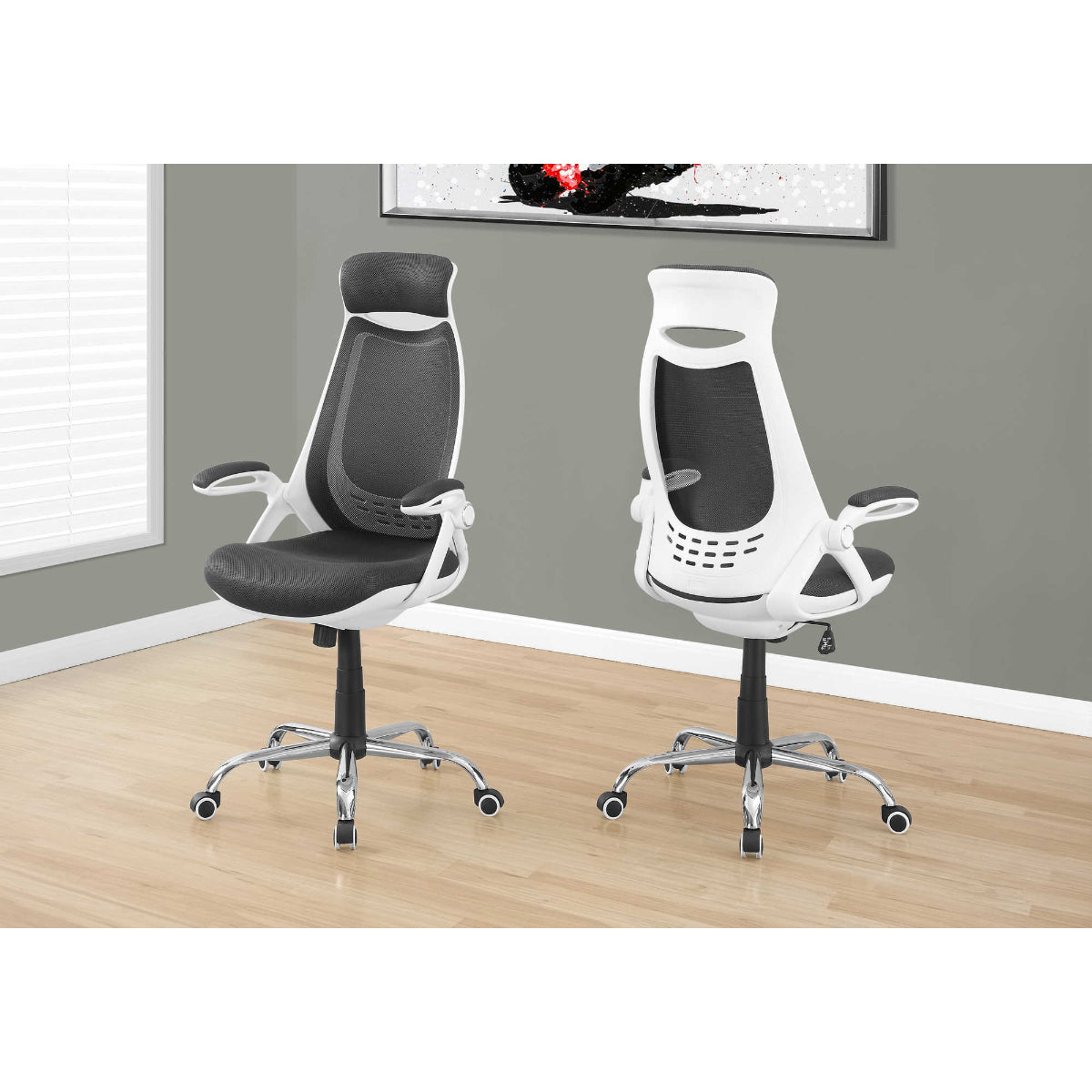 OFFICE CHAIR - WHITE/GREY MESH/ CHROME-HIGH BACK