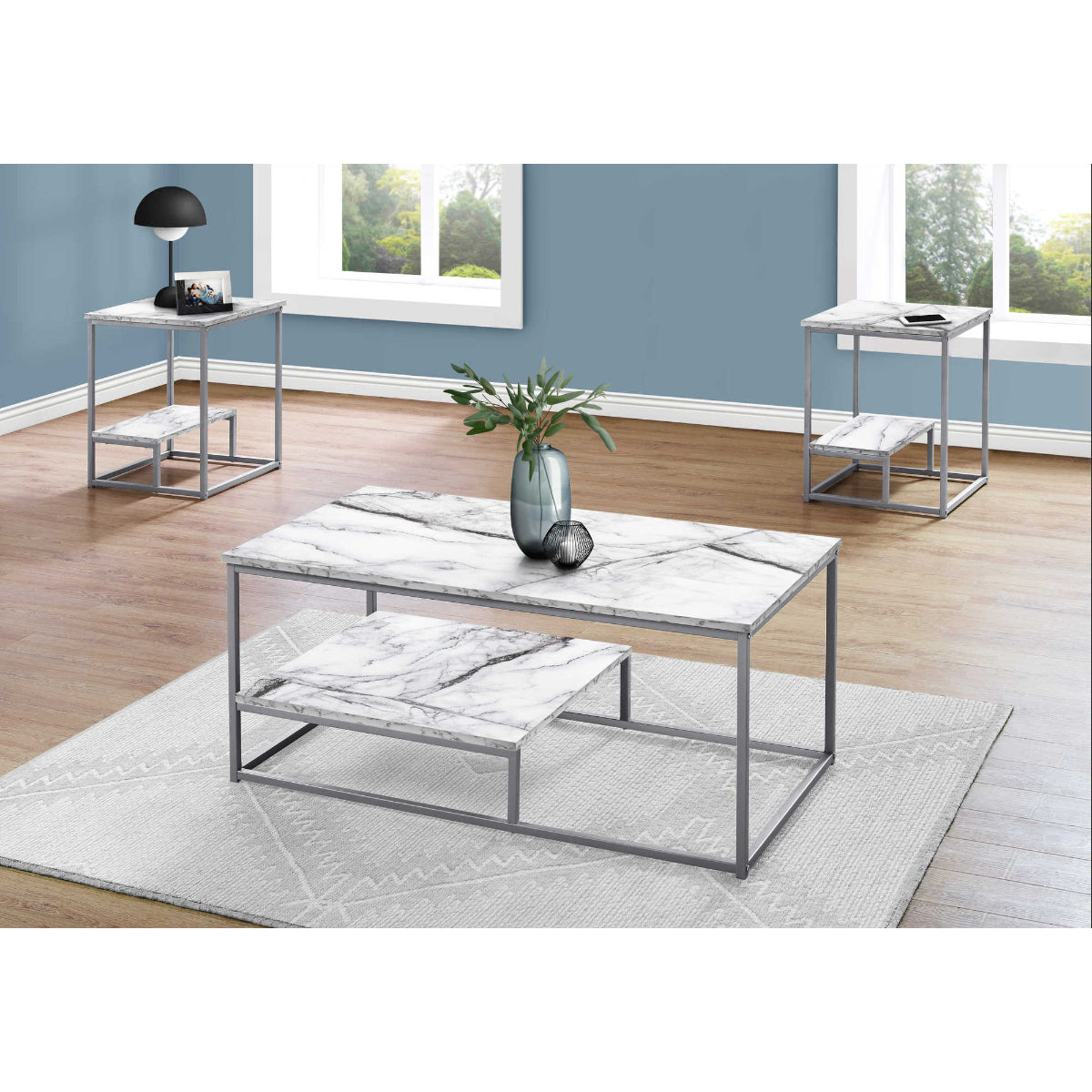 SET OF TABLES - 3PCS / WHITE MARBLE / SILVER METAL