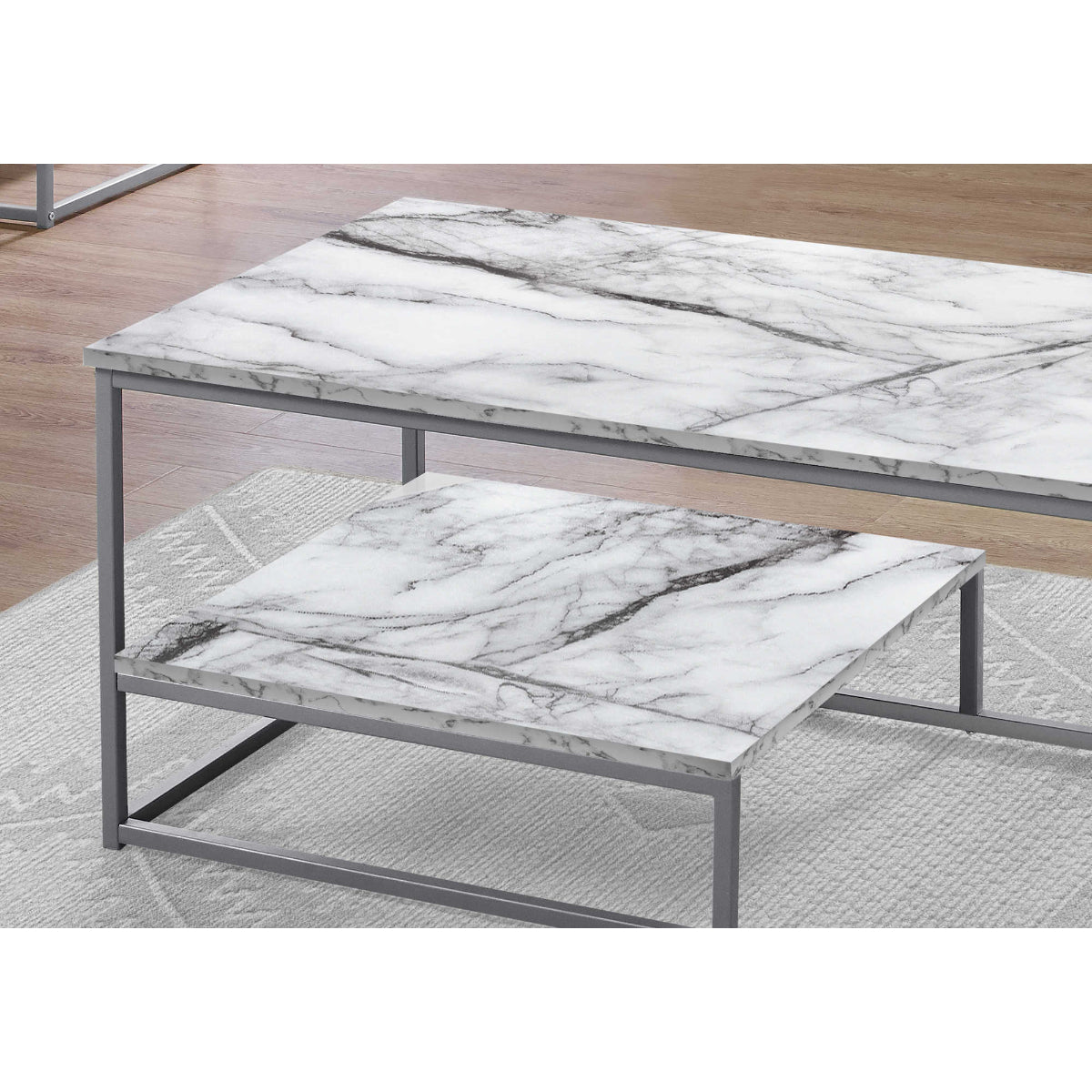 SET OF TABLES - 3PCS / WHITE MARBLE / SILVER METAL