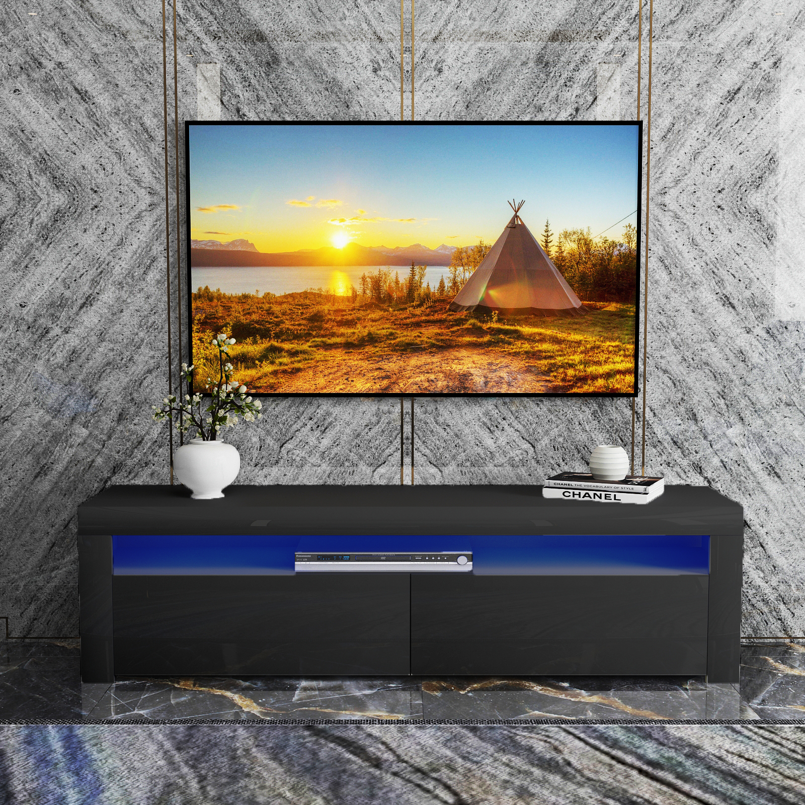 Ashton - LED TV Stand - Entertainment Unit - High Gloss Black - 63in