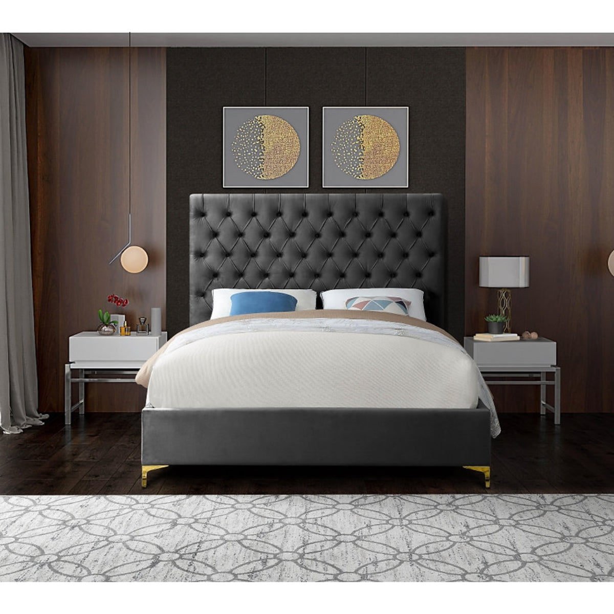 Albert - Queen Bed - Grey Velvet With Tufting