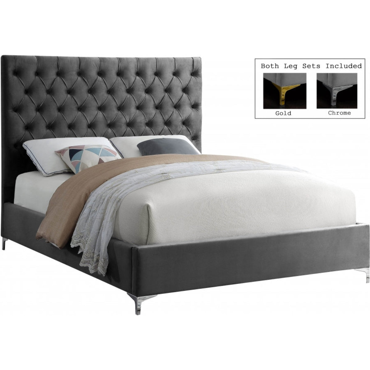 Albert - Queen Bed - Grey Velvet With Tufting