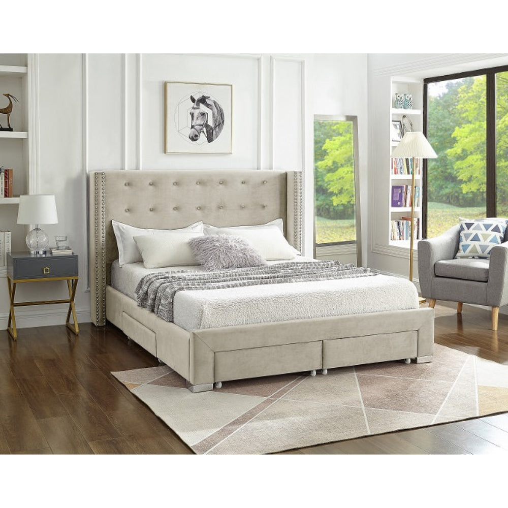 Lilia - Queen Bed - Cream Velour Tufted
