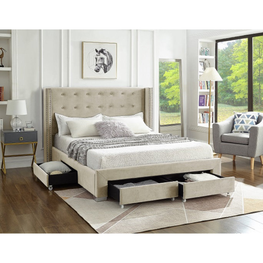 Lilia - Queen Bed - Cream Velour Tufted