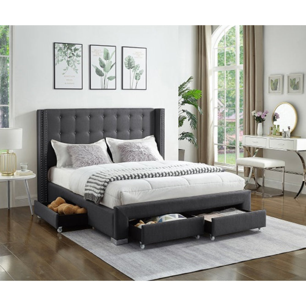 Lilia - Queen Bed - Grey Tufted Fabric