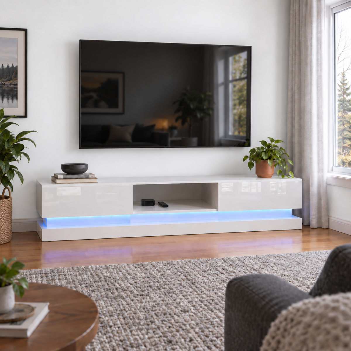 Frederick - LED TV Stand - Entertainment Unit - High Gloss White - 70in