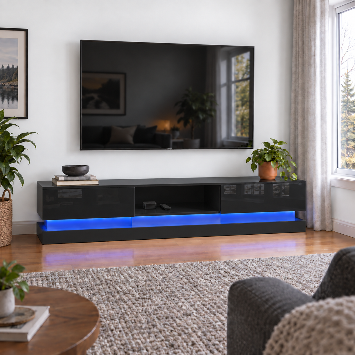 Frederick - LED TV Stand - Entertainment Unit - Glossy Black - 70in