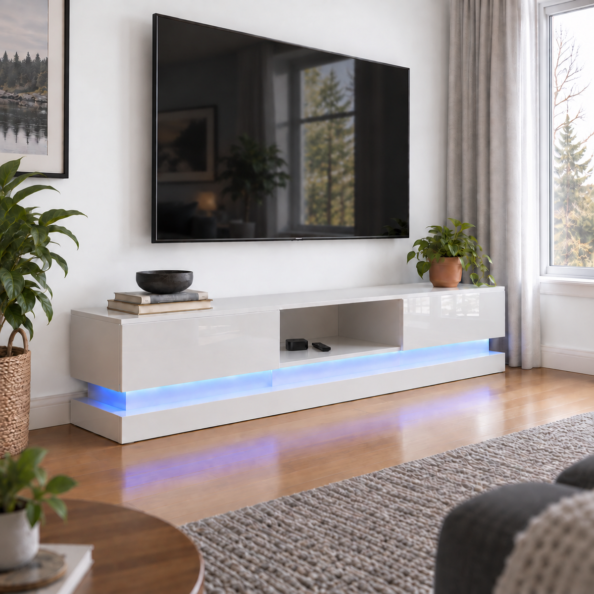 Frederick - LED TV Stand - Entertainment Unit - High Gloss White - 70in