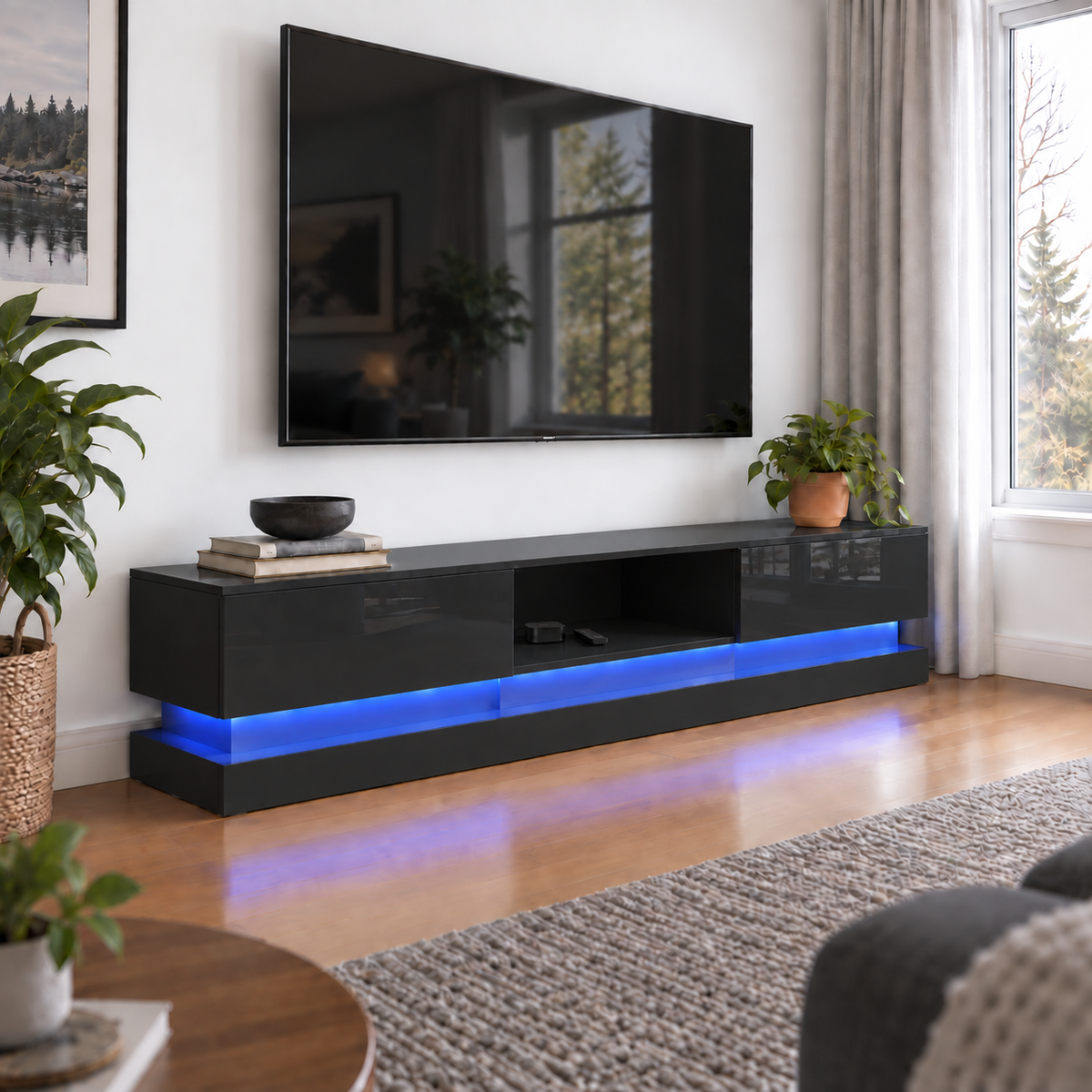 Frederick - LED TV Stand - Entertainment Unit - Glossy Black - 70in