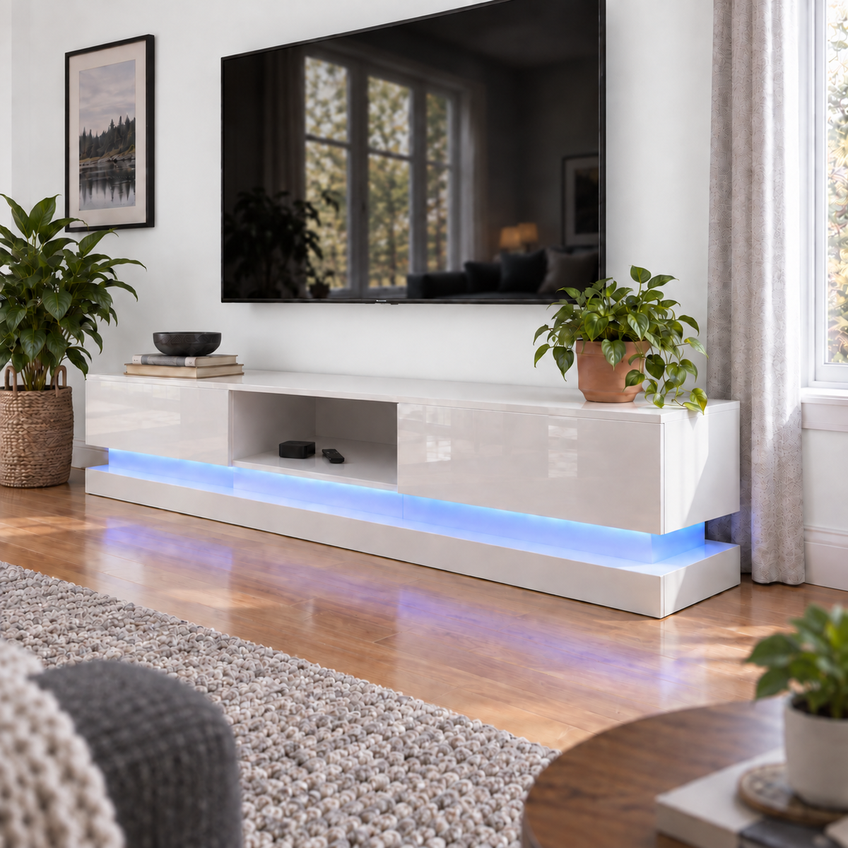 Frederick - LED TV Stand - Entertainment Unit - High Gloss White - 70in