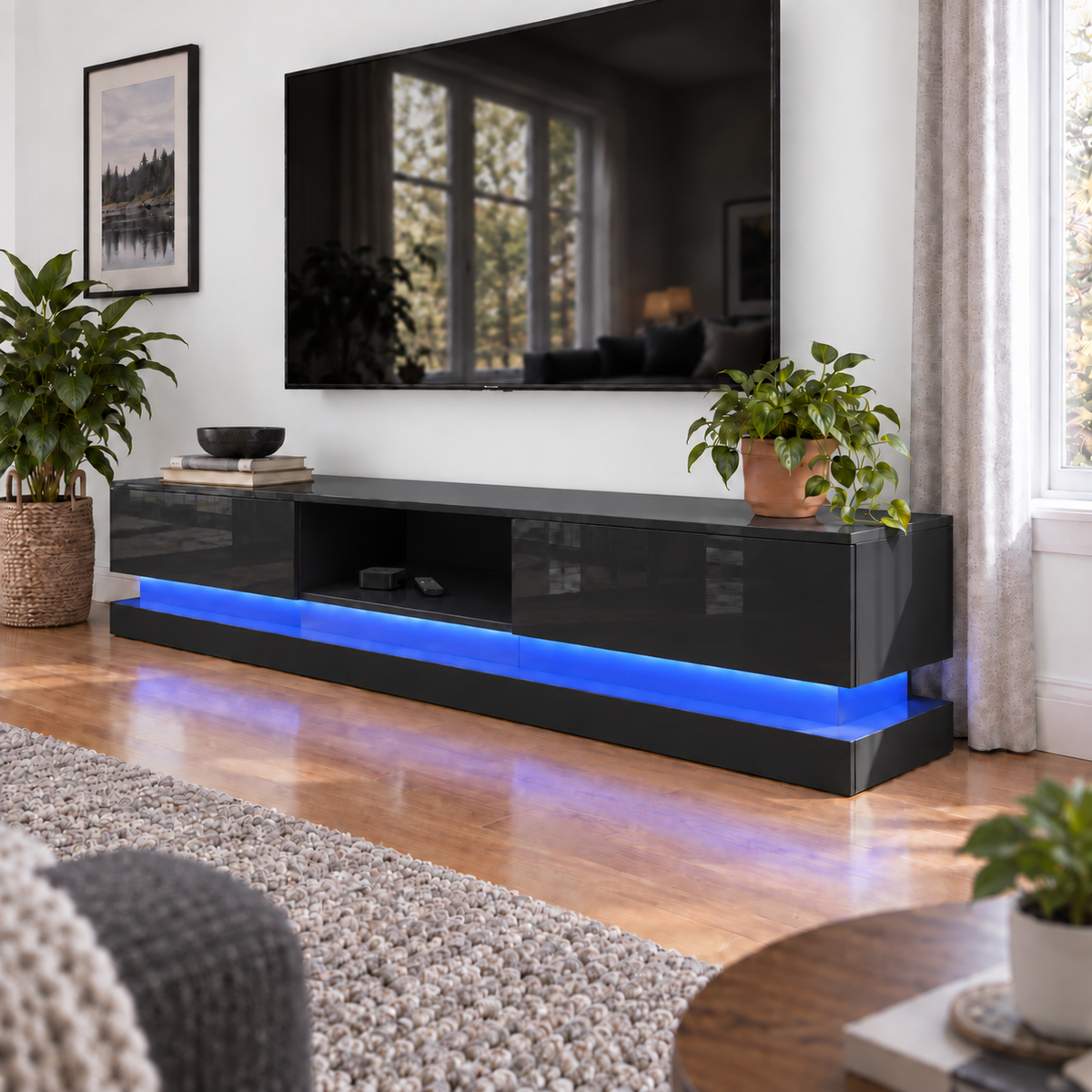 Frederick - LED TV Stand - Entertainment Unit - Glossy Black - 70in
