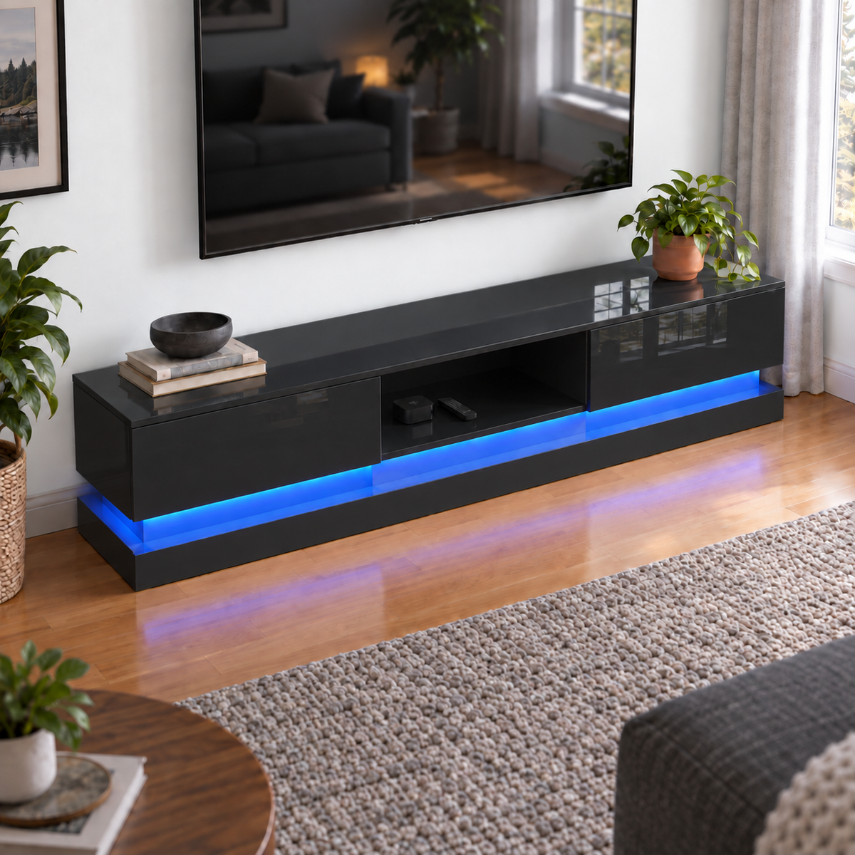 Frederick - LED TV Stand - Entertainment Unit - Glossy Black - 70in