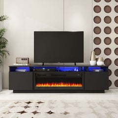 LED TV Stand With Fireplace - Entertainment Unit - Glossy Black - 78 In.