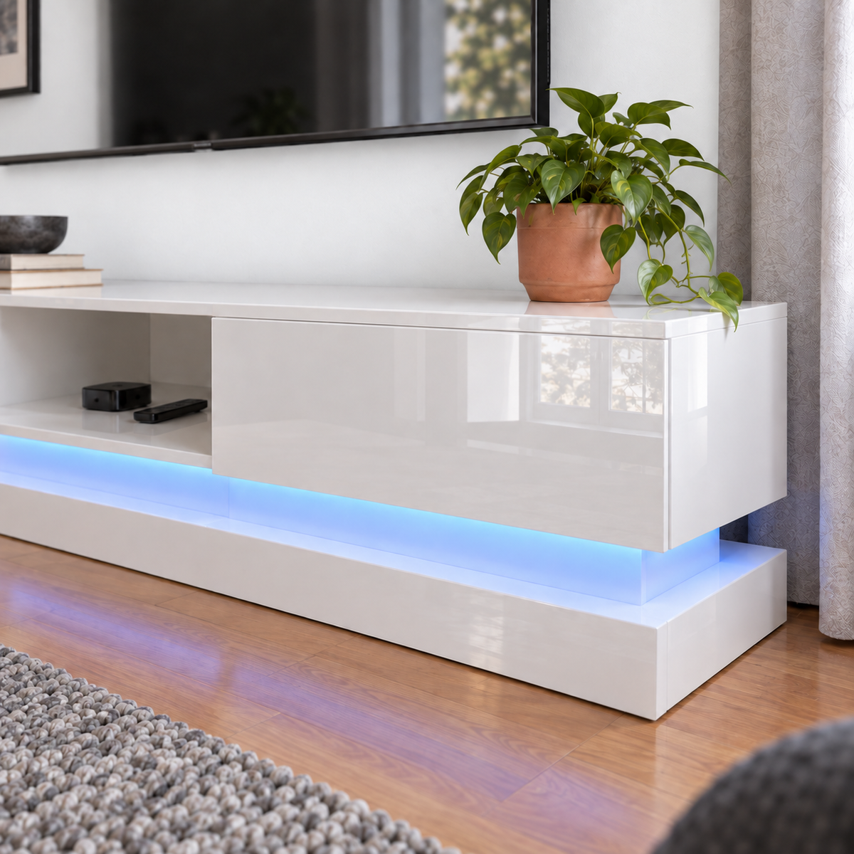 Frederick - LED TV Stand - Entertainment Unit - High Gloss White - 70in