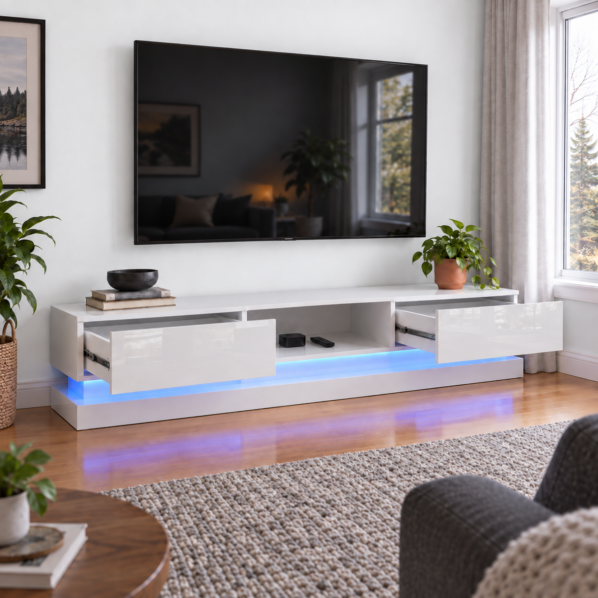 Frederick - LED TV Stand - Entertainment Unit - High Gloss White - 70in