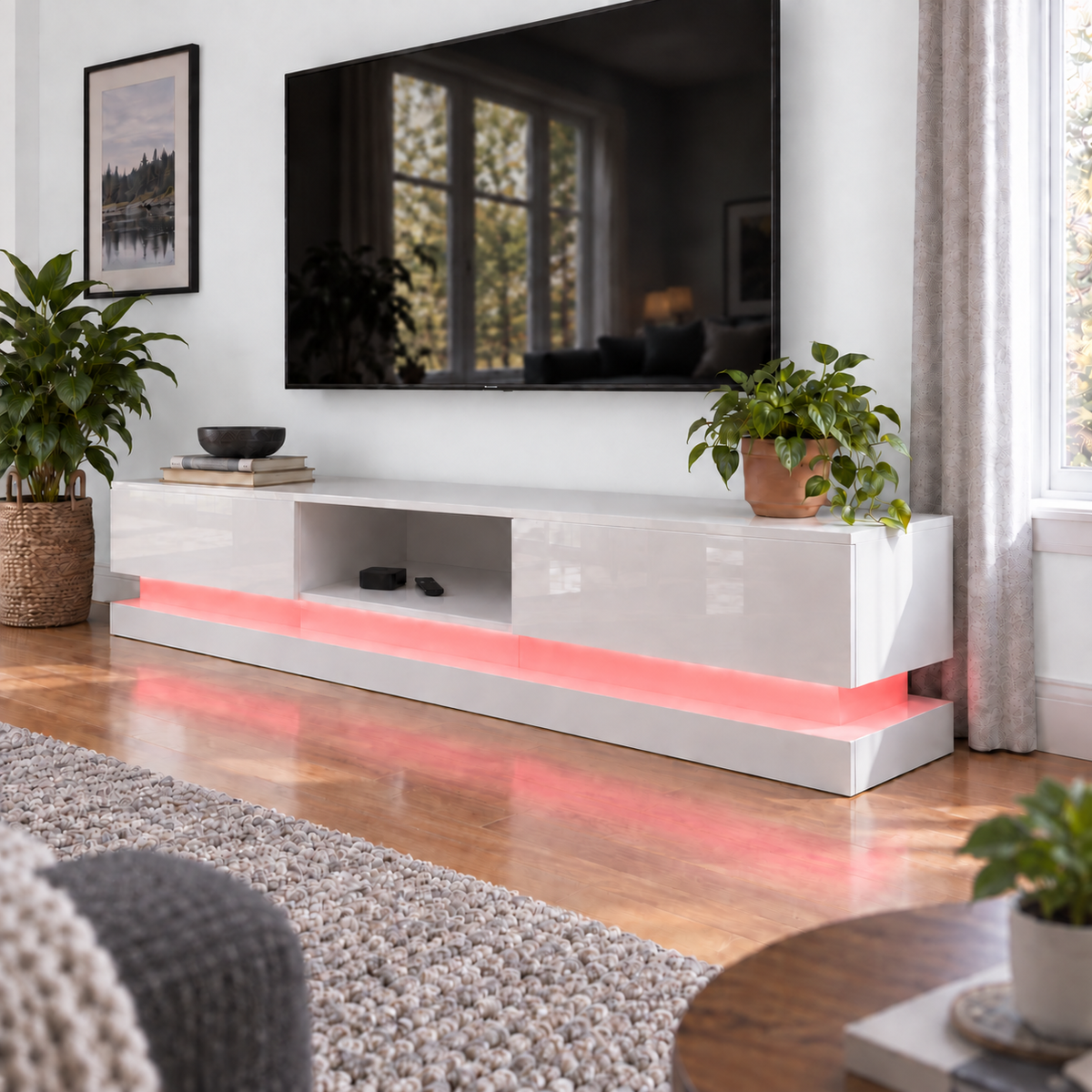 Frederick - LED TV Stand - Entertainment Unit - High Gloss White - 70in