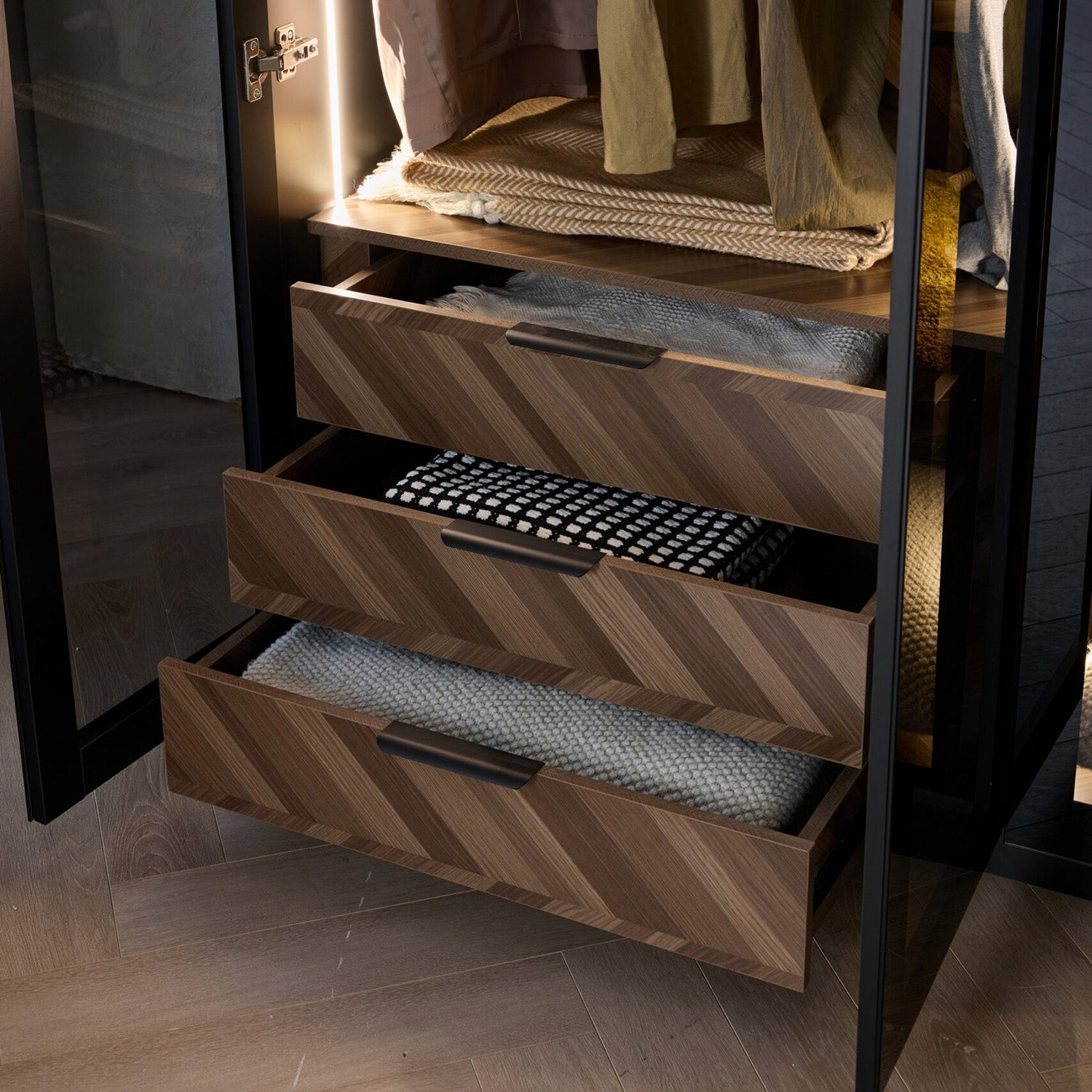 Alvero - Wardrobe - 4 Doors and 3 Drawers - Black and Wood