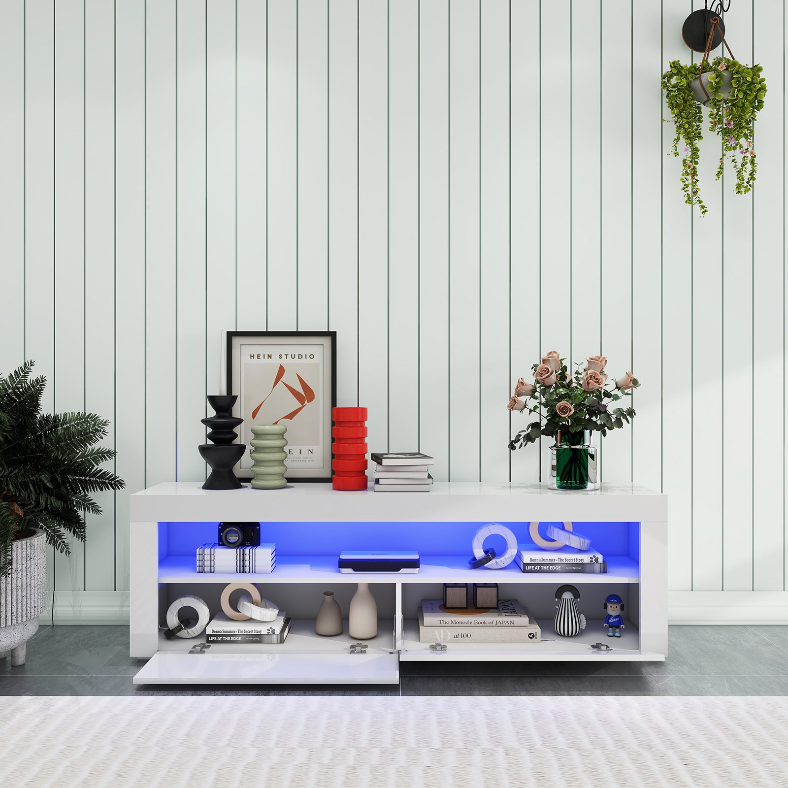 Ashton - Meuble de TV avec LED - Blanc Lustré - 63 po