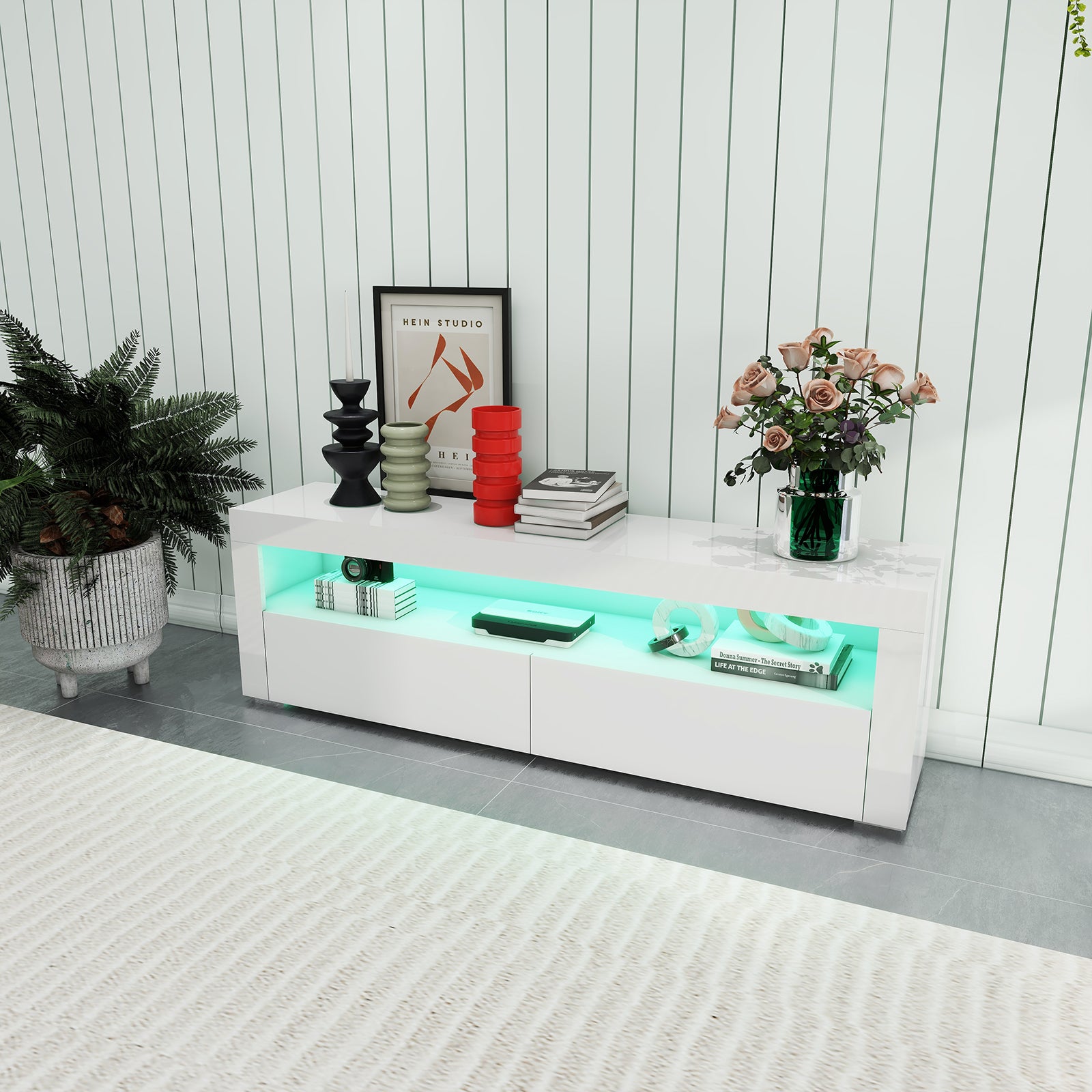 Ashton - Meuble de TV avec LED - Blanc Lustré - 63 po