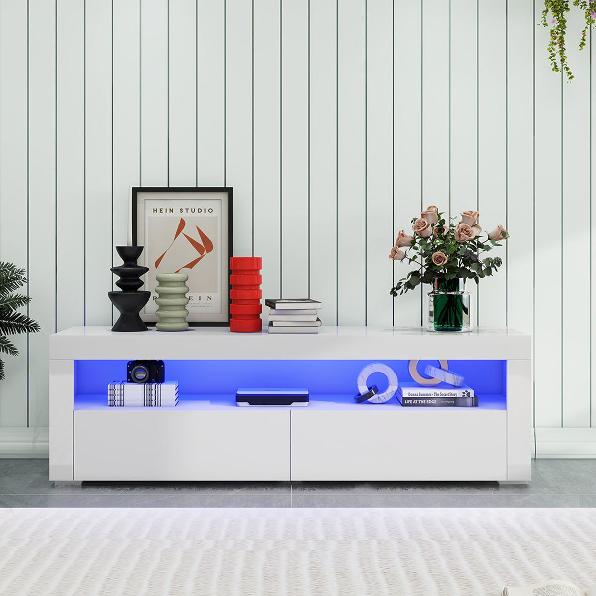 Ashton - Meuble de TV avec LED - Blanc Lustré - 63 po