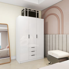 Wardrobe with 3 Doors and 3 Drawers - Glossy White
